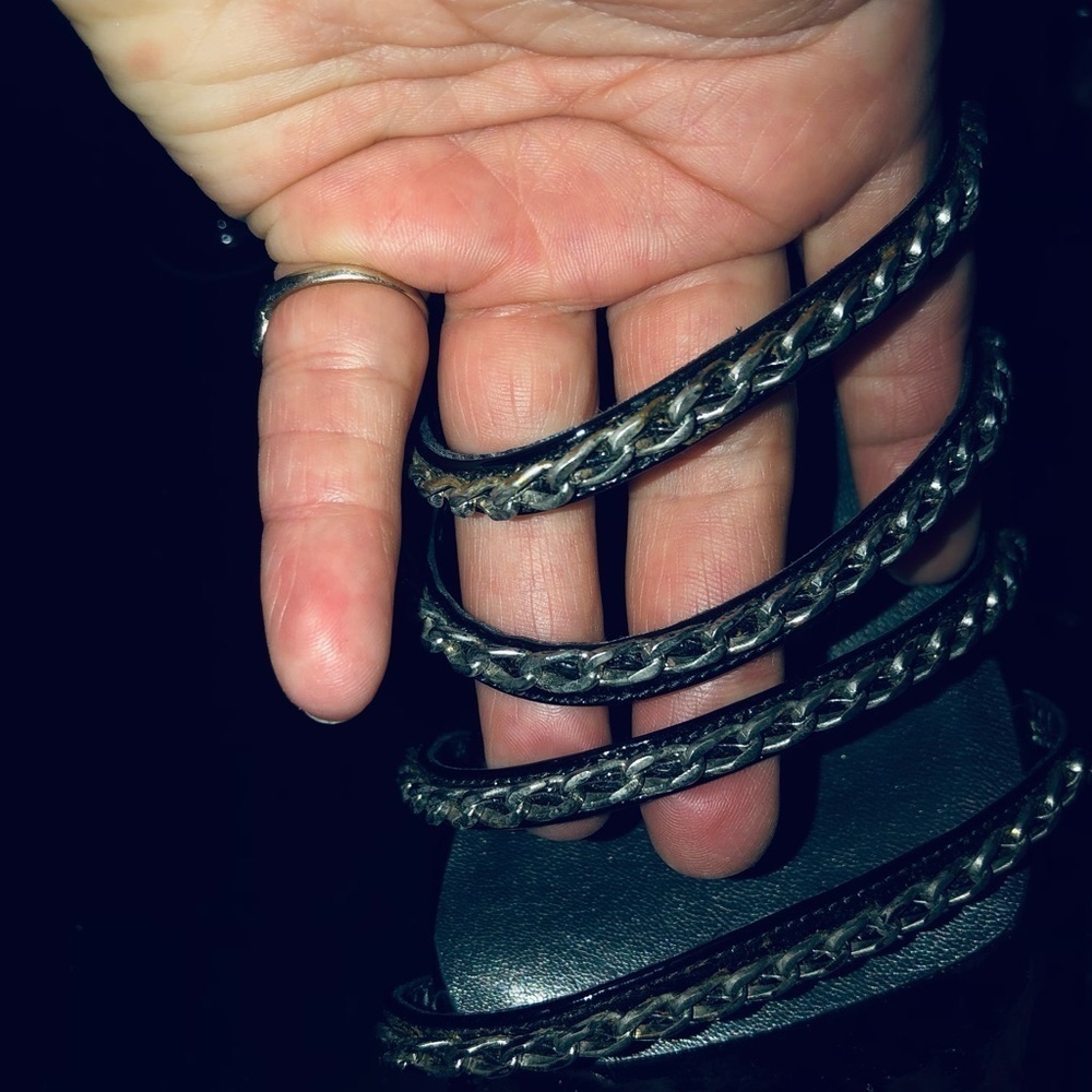 Stuart Weitzman size 10.5
black leather silver chain strappy heels back zip - Picture 8 of 14
